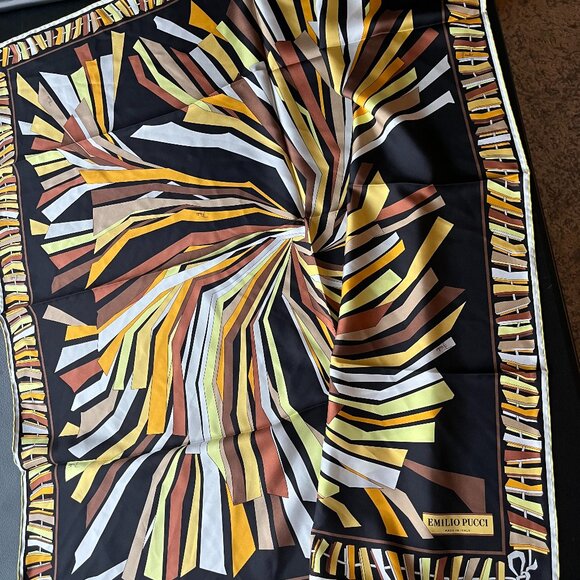 Emilio Pucci Silk Scarf Large Square Brown Yellow Print Design - Picture 2 of 9